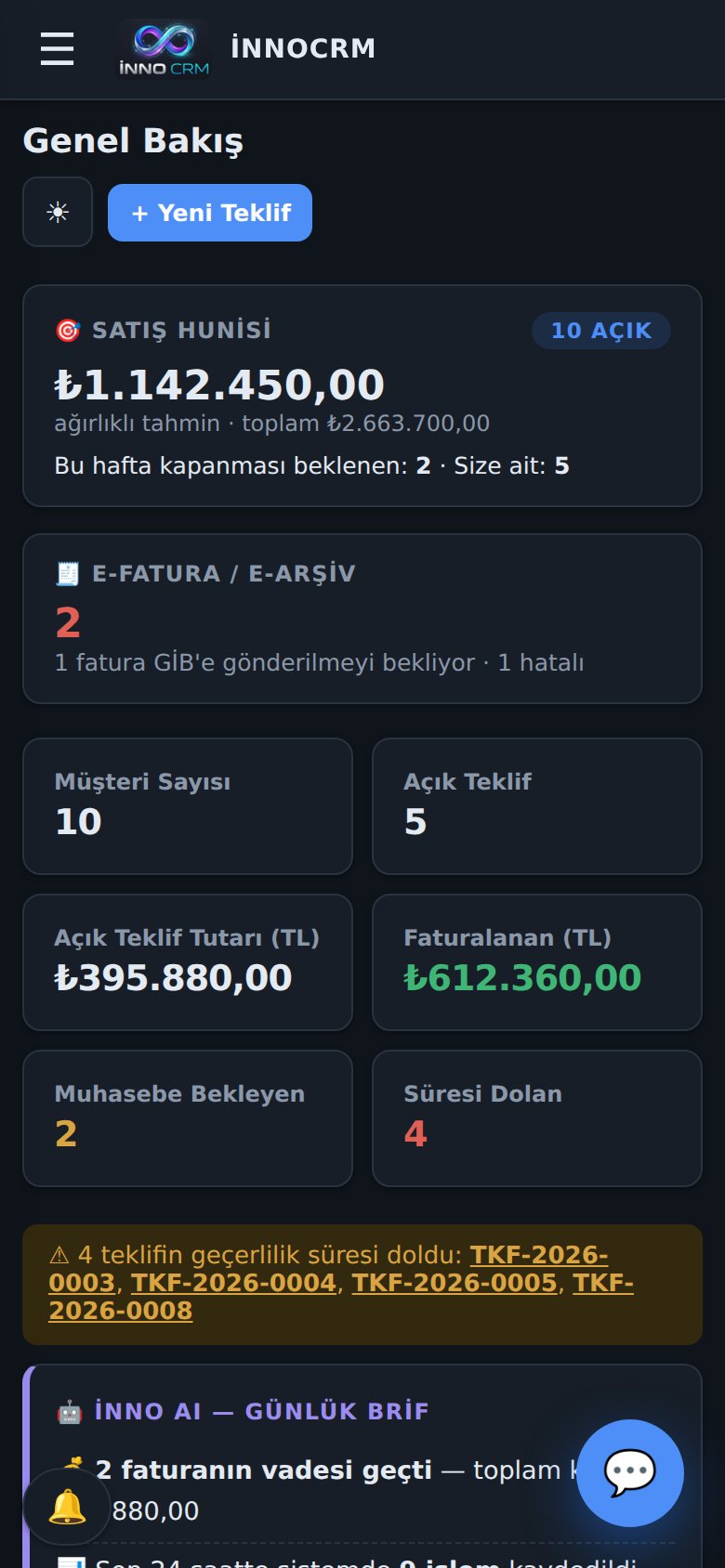 İnno CRM mobil görünüm